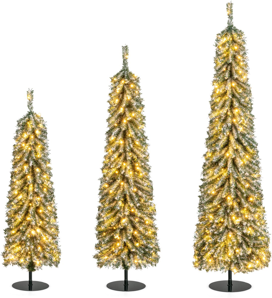 COSTWAY Set van 3 kunstpotloden, kerstboom, 120 + 150 + 180 cm, dennenboom met sneeuw en ledlampen, kunstboom, kerstboom voor thuis, kantoor, groen + wit