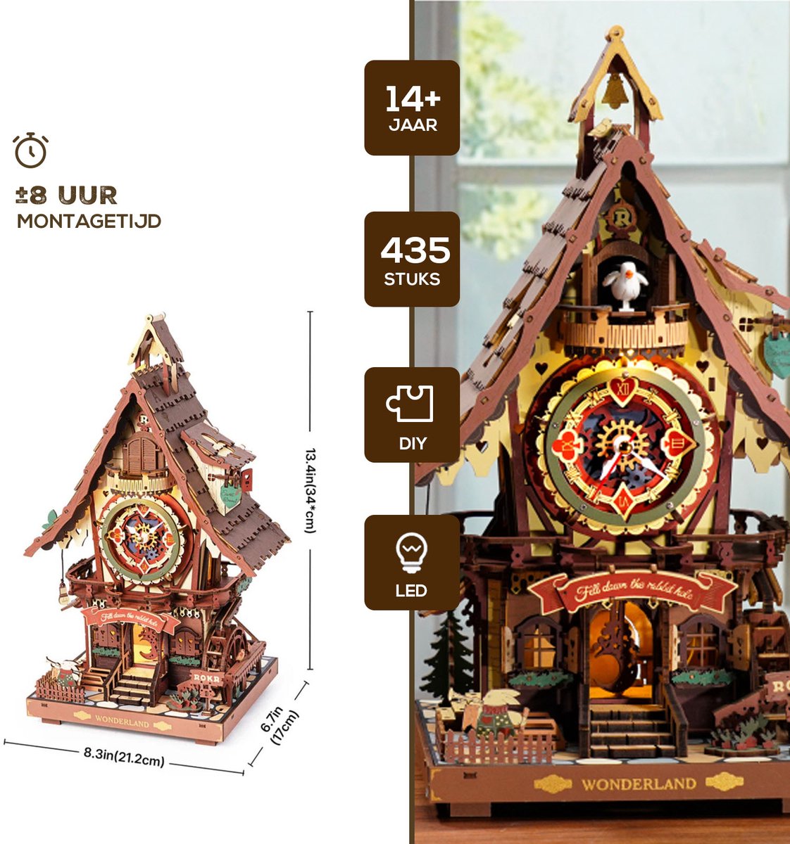 ROBOTIME 3D Wooden Puzzles for Adults-Cuckoo Clock Wooden Models for Adults to Build-435 Piece Model Kit with 2 Lights-Gift for Craft Enthusiast Model Building Set (Colourful) — afbeelding 7