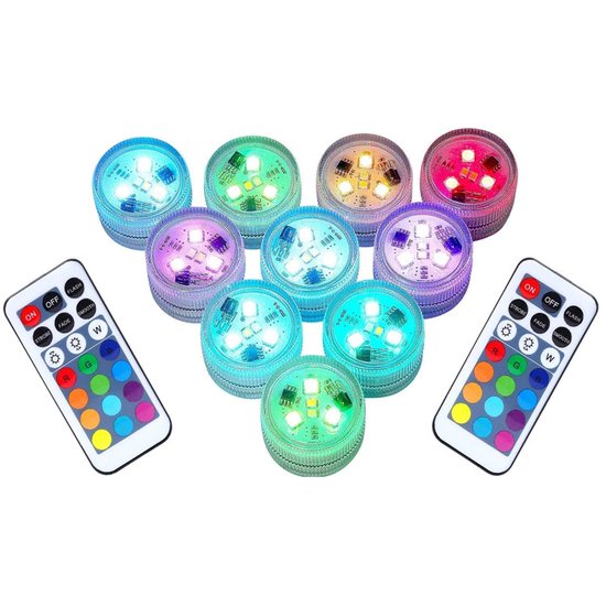 Waterdichte LED lampen - kleurverandering met afstandsbediening - IP68 batterijverlichting - geschikt voor aquarium, bad & feest - multicolor - compact - 10 stuks