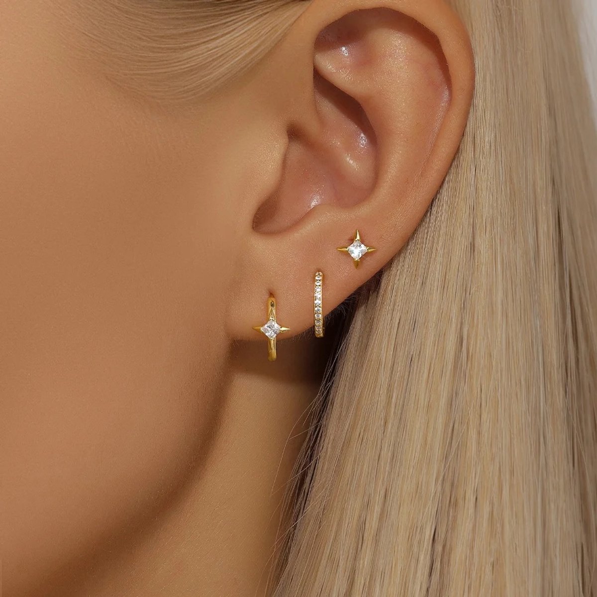 Sparkle Oorbellen Set met Zirkonia Stenen- 925 Sterling Zilver - 18K Verguld Dames Oorbellen - Dames Sieraden