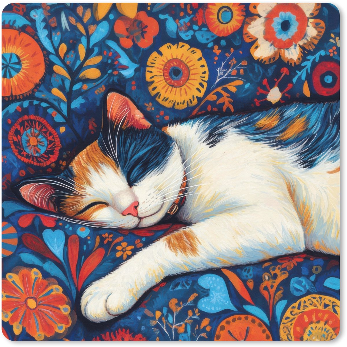 Muismat XXL 80x80 cm - Bureau onderlegger - Bureau mat Kat - Bloemenpatroon - Blauw - Oranje - Bureaumat - Gaming mousepad xl - Bureaulegger groot - Computer deskmat