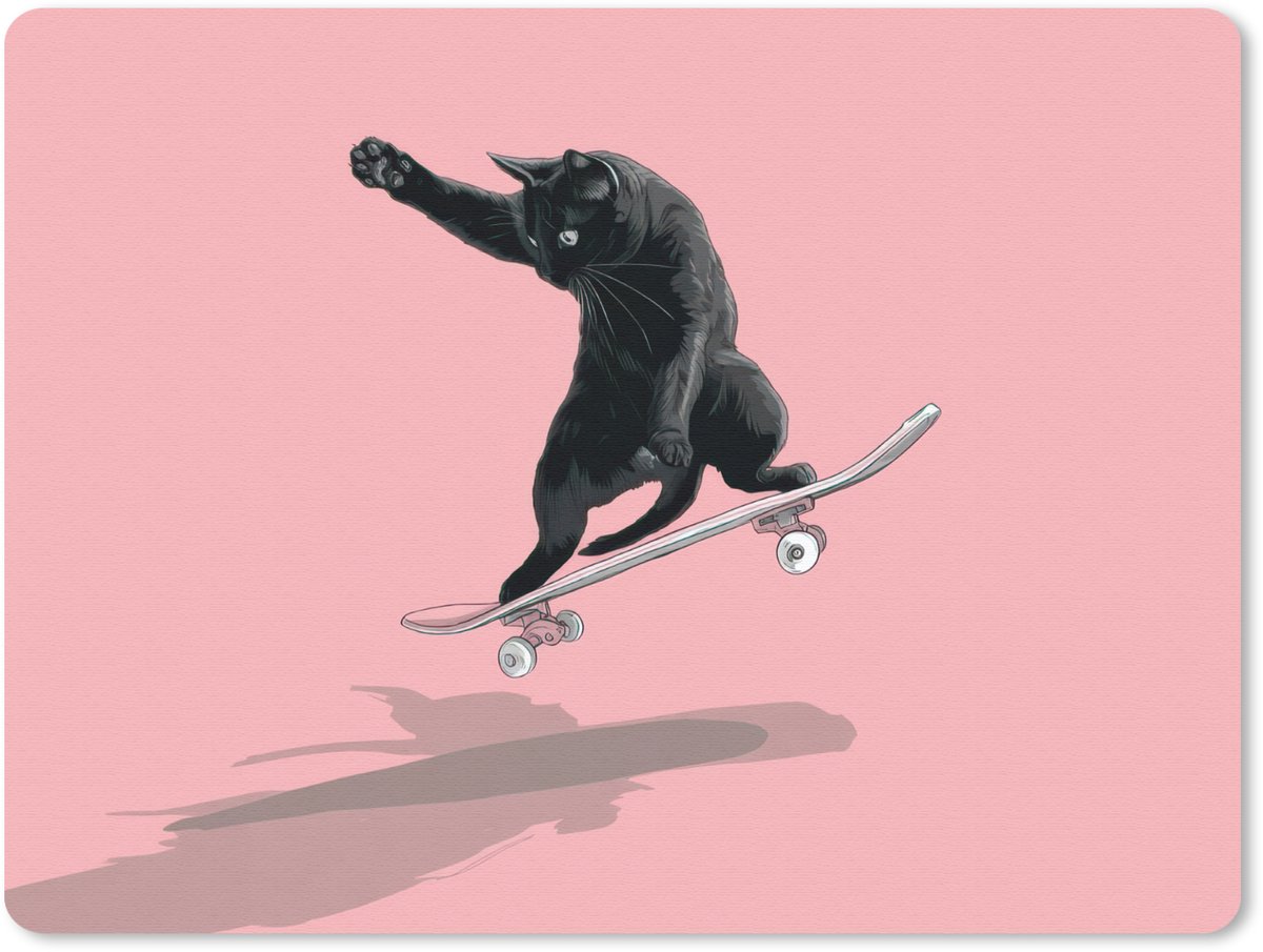 Muismat 23x19 cm - Mousepad Kat - Skateboard - Roze - Muismatten