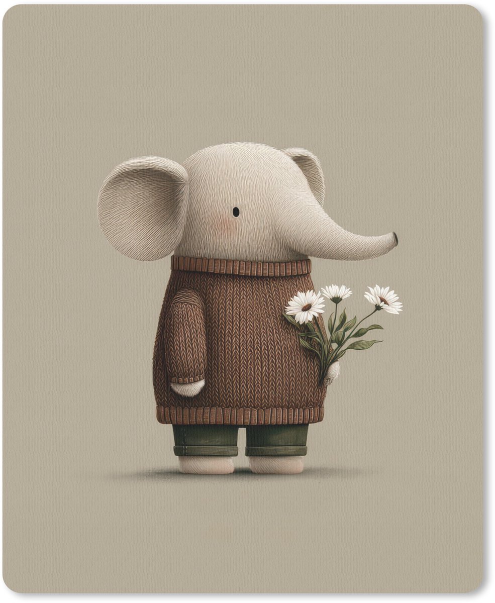 Muismat 19x23 cm - Mousepad Olifant - Witte bloemen - Kindvriendelijk - Muismatten