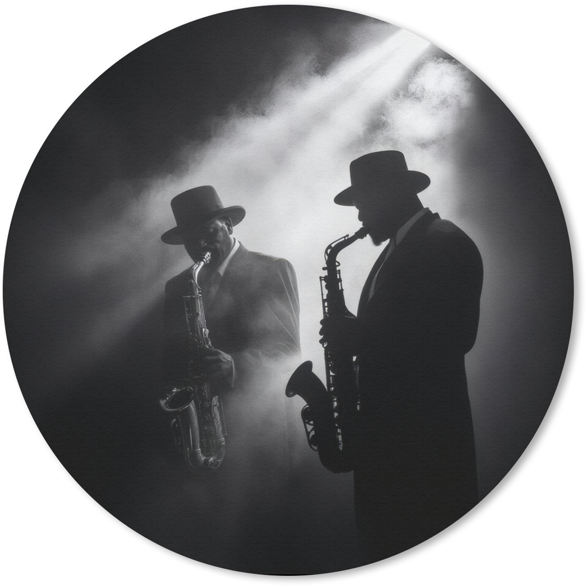 Muismat rond 20x20 cm - Mousepad Saxofonisten - Hoeden - Rook - Licht - Ronde muismatten