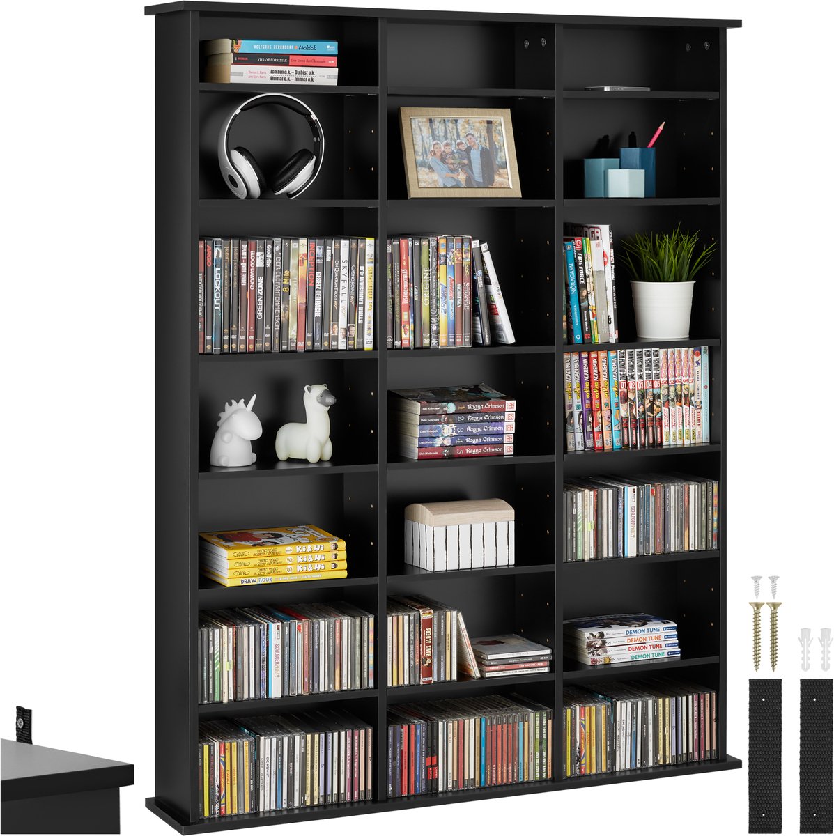tectake® CD/DVD/Blu-ray kast - Boekenkast - 18 flexibel verstelbare planken - Houten mediakast met kantelbeveiliging - Plankstandaard - Afmeting (LxDxH) 105,5 x 19 x 136,5 cm - Zwart