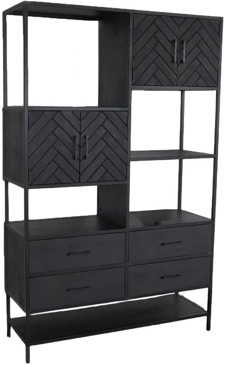 Kast industrieel mangohout Ivy zwart mango hout visgraat wandkast 190cm vakkenkast mango duurzaam