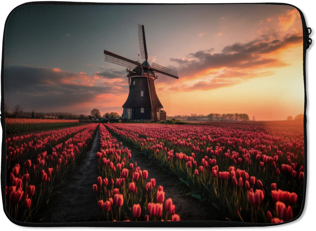 Laptophoes 14 inch - Molen - Zonsondergang - Tulpen - Rood - Laptop sleeve - Binnenmaat 33x23 cm - Zwarte achterkant