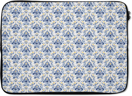 Laptophoes met een repetitief damastpatroon in blauw en geel.