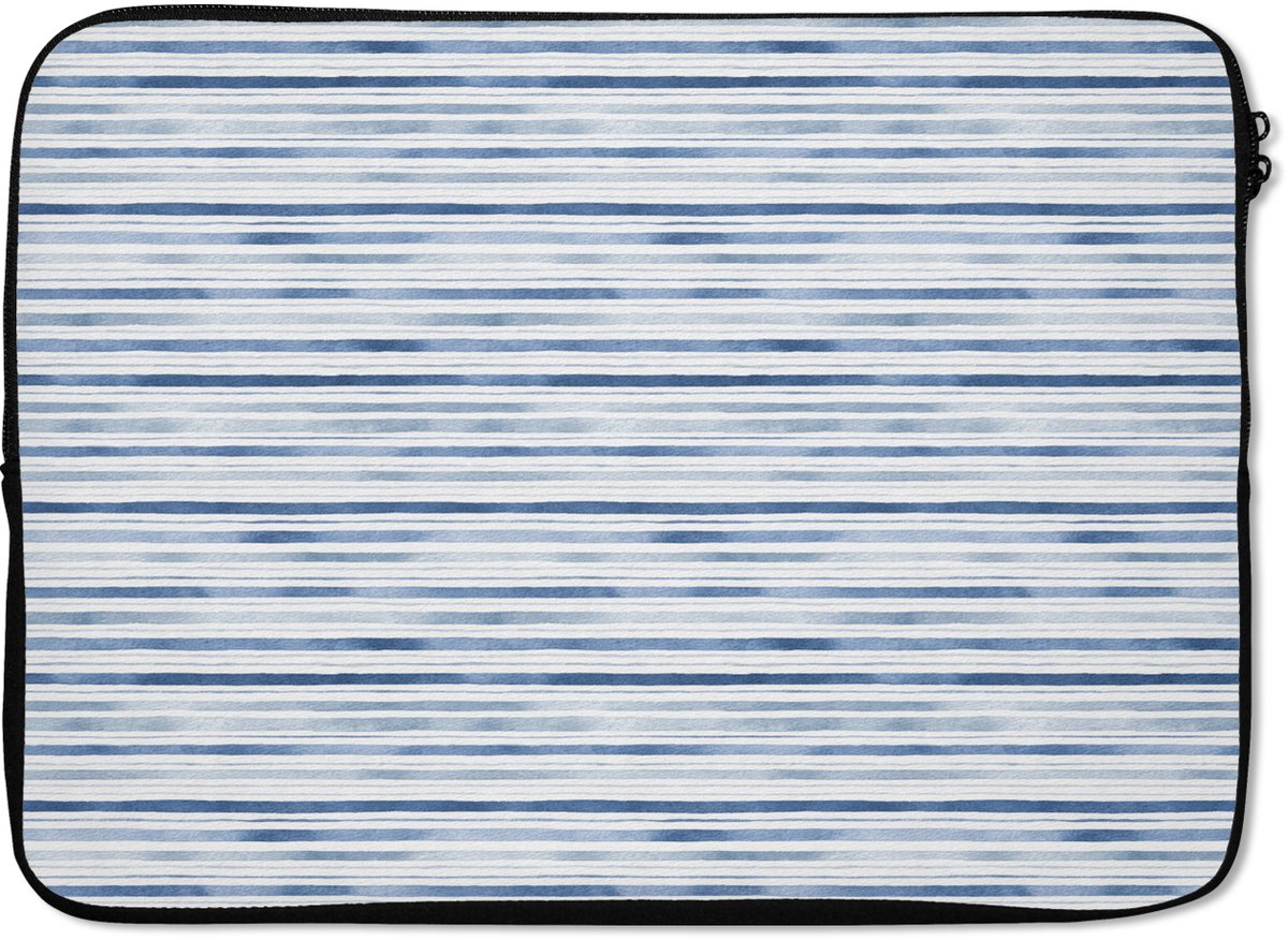 Laptophoes 14 inch - Strepen - Patroon - Blauw - Wit - Laptop sleeve - Binnenmaat 33x23 cm - Zwarte achterkant