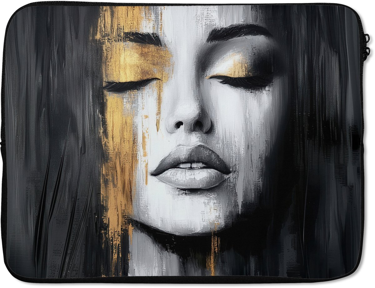 Laptophoes 15.6 inch - Gezicht - Vrouw - Penseelstreken - Abstract - Laptop sleeve - Binnenmaat 37x26 cm - Zwarte achterkant