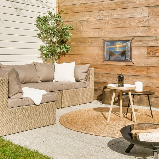 Tuinposter 40x30 cm - Tuindecoratie Doorkijk - Strand - Pad - Zonsondergang - Poster voor in de tuin - Buiten decoratie - Schutting tuinschilderij - Tuindoek muurdecoratie - Wanddecoratie balkondoek