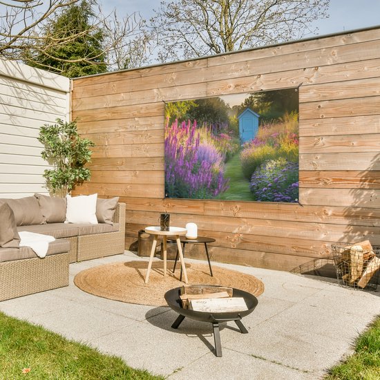 Affiche de jardin 120x80 cm - Décoration de jardin Maison de jardin - Blauw - Fleurs - Affiche pour le jardin - Décoration extérieure - Tableau de jardin clôture - Décoration murale en tissu de jardin - Décoration murale en tissu de balcon