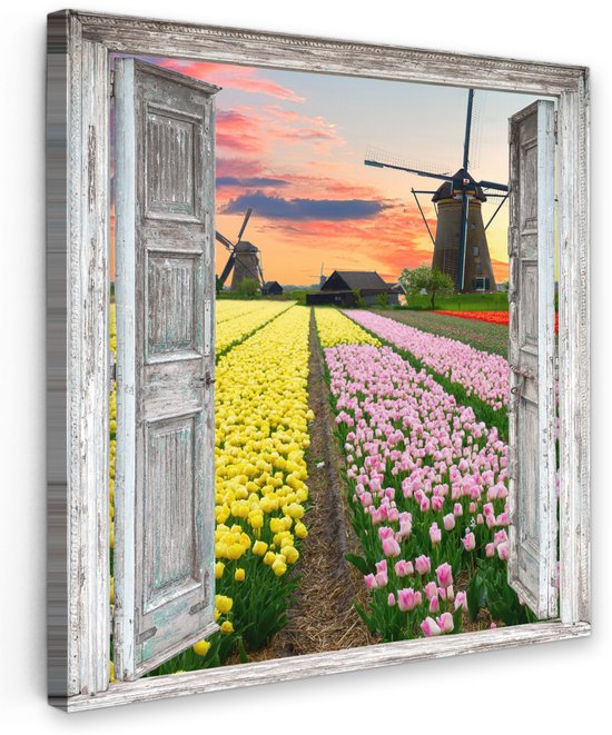 Tableau extérieur jardin 90x90 cm - Décoration de jardin Vue - Tulipes - Moulin - Soir - Poster jardin sur toile - Décoration murale Jardin - Décoration tableau extérieur - Décoration murale clôture - Toile extérieur