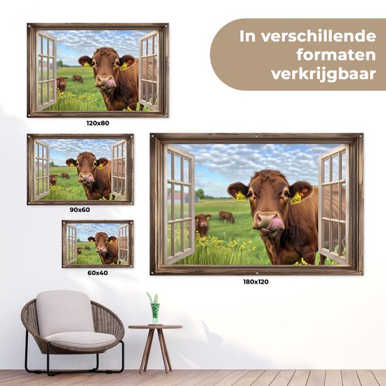 Affiche de jardin 120x80 cm - Décoration de jardin Vue - Vache - Prairie - Paysage - Animaux - Affiche pour le jardin - Décoration extérieure - Tableau de jardin clôture - Décoration murale sur toile de jardin - Décoration murale sur toile de balcon