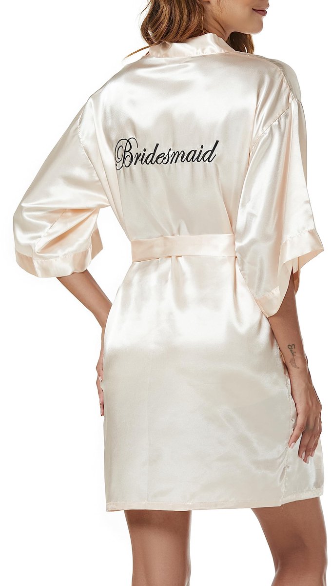 Dames Satijnen Morgenmantel Kimono - Lichtgewicht Korte Japanse Stijl - Bruid - Champagne, Maat L