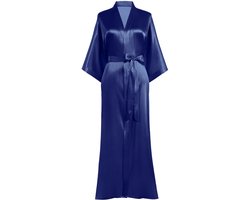 Prodesign kamerjas dames badjas satijnen kimono lang met riem effen nachtkleding lichtgewicht slaapjas diepblauw