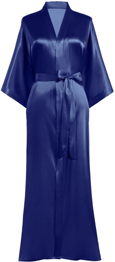 Prodesign kamerjas dames badjas satijnen kimono lang met riem effen nachtkleding lichtgewicht slaapjas diepblauw