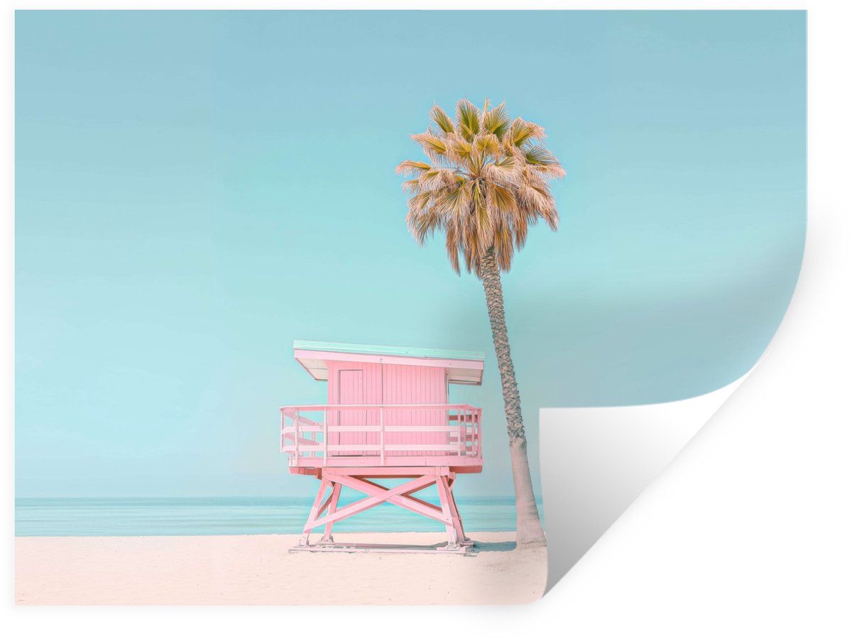 Muurstickers - Sticker Folie - Palmboom - Strandhuis - Roze - 120x90 cm - Plakfolie - Muur