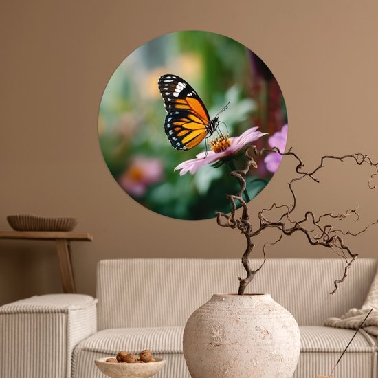 WallCircle® - Papier peint cercle 80x80 cm - Stickers muraux Fleurs roses - Papillon - Flou artistique - Cercle mural salon - Cercle mural chambre - Décoration murale autocollante - Accessoires de Décoration murale