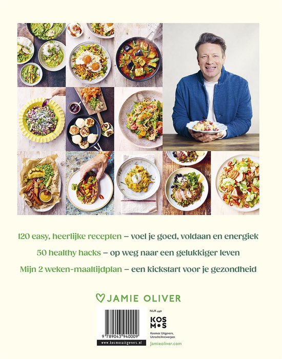 Achterkant kookboek "Eet jezelf gezond" van Jamie Oliver. Diverse recepten en een maaltijdplan. "Jamie Oliver".