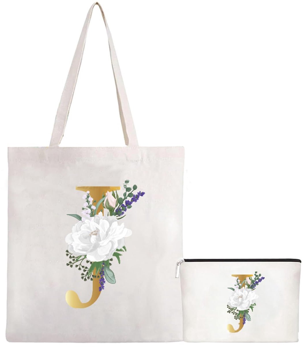 Soulnioi 2 stuks katoenen draagtas herbruikbare boodschappentas (draagtas+make-uptas), gepersonaliseerde bloemenletters bedrukte tas voor vrouwen/mannen, herbruikbare canvas strandtas voor
