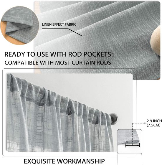 Rideaux courts, lot de 2 rideaux en lin en rideaux d'angle modernes, gris, 145 x 140 cm (hxl) pour salon, chambre à coucher, chambre d'enfant
