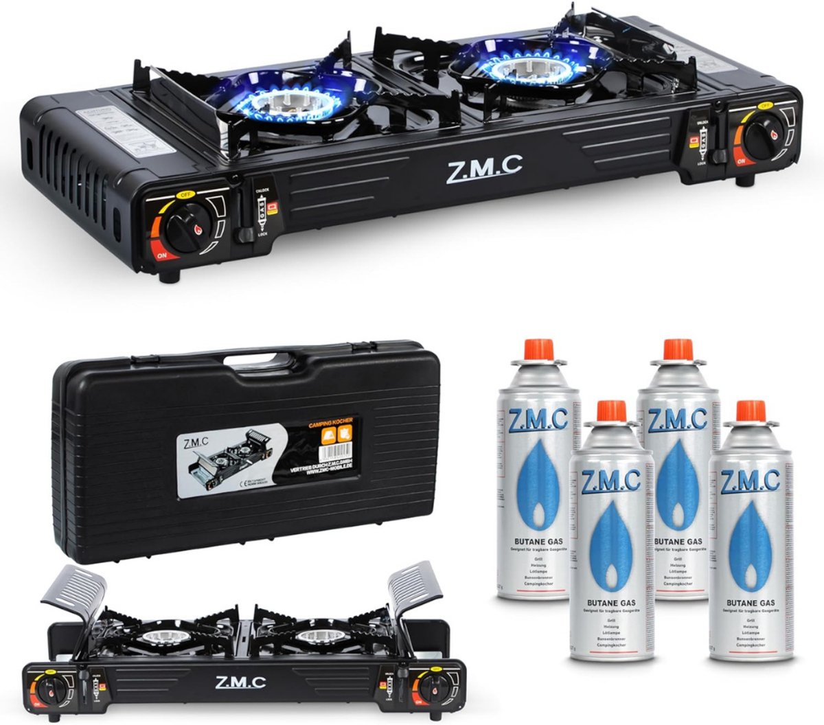 Z.M.C Premium campinggasfornuis met 2 pitten 45x24 cm + gaspatronen 227 g, campingfornuis met ontstekingsbeveiliging voor buiten en binnen, balkon tafel dubbel gasfornuis met piëzo-ontsteking