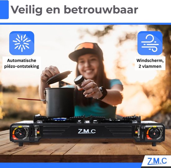 Z.M.C Premium campinggasfornuis met 2 pitten + grillplaat 45x24 cm + gaspatronen 227 g, campingfornuis met ontstekingsbeveiliging voor buiten en binnen, balkon tafel dubbel gasfornuis met piëzo-ontsteking van Z.M.C — afbeelding 5