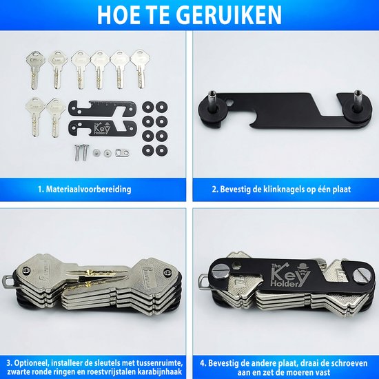 Stappenplan voor het assembleren van de zwarte sleutelhouder met sleutels en accessoires.