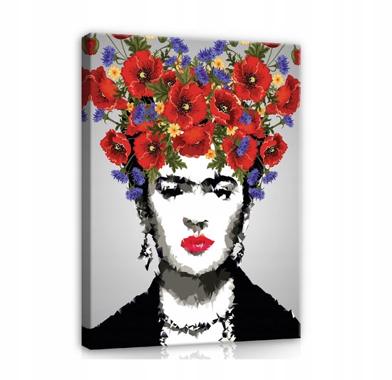 WALLARENA - Canvas schilderij - 60x40 cm - Frida Kahlo, bloemen, groot, salon