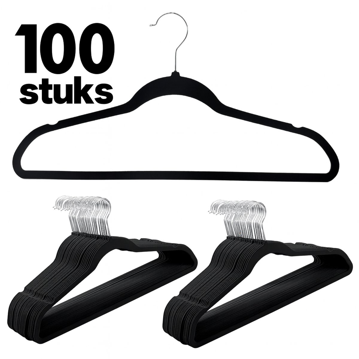 JustValue Kledinghangers - Kleerhangers - Fluweel - 100 stuks - Met Inkepingen - Ruimtebesparend - Broekhanger Lichtgewicht - Blouses - Shirts - Volwassenen - Rokken - Kledingrek Hanger - Anti-slip - Kinderkleding - Zwart