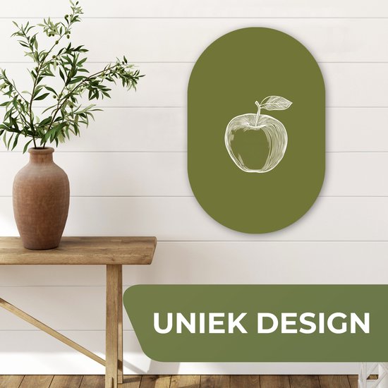 Muurovaal 40x60 cm - Ovale wanddecoratie Lijntekening - Appel - Olijfgroen - Blaadje - Ovalen schilderij - Muurdecoratie woonkamer - Kamer decoratie - Schilderijen - Wandcirkel
