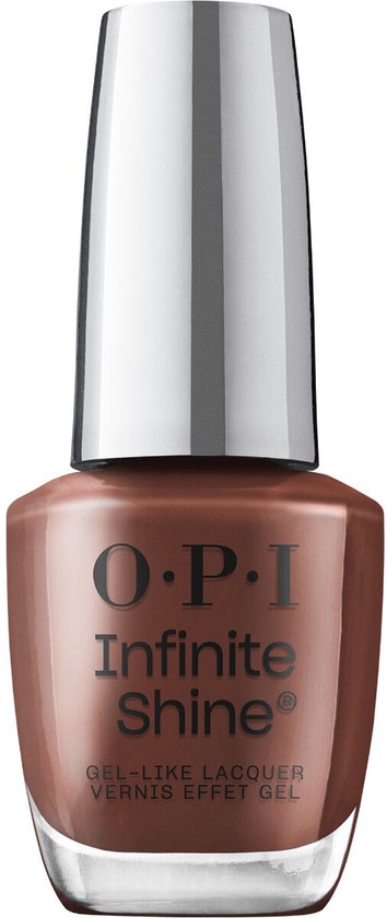 OPI Infinite Shine nagellakflesje met zilvergrijze dop, gevuld met bruine nagellak.