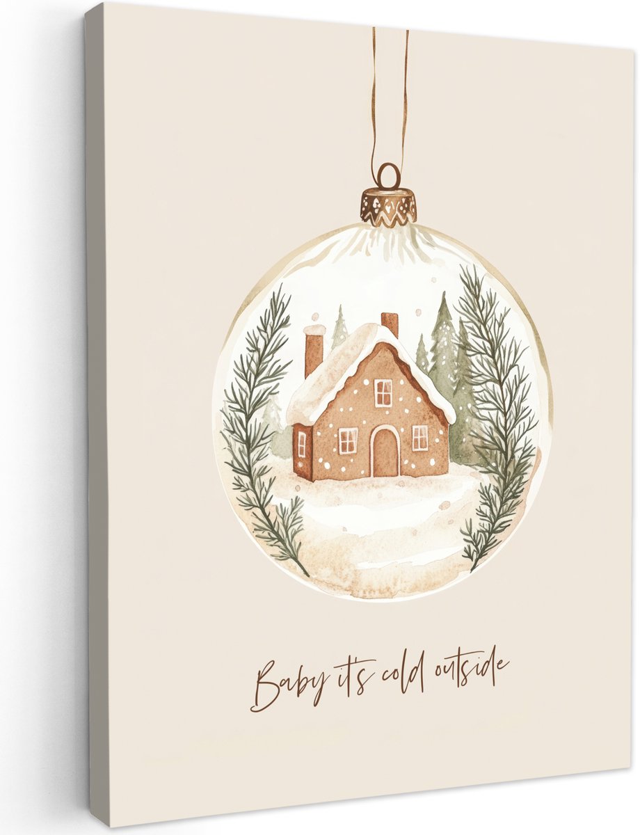 Tuinschilderij met winterse Kerstdecoratie in beige en Kerstbal.
