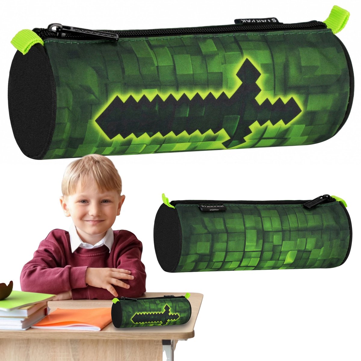 PIXEL Zwartgroene schooletui voor jongens, RONDE, etui voor schoolspullen VOOR SPELER, GAMER 22x8x8cm