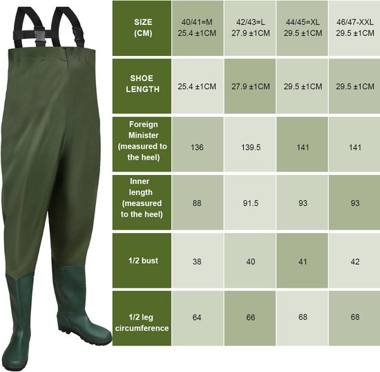 Waadpak – Waterdicht 70D nylon – Waadbroek met laarzen – Warmtepak – Lieslaarzen – Groen - Schoenmaat 40/41