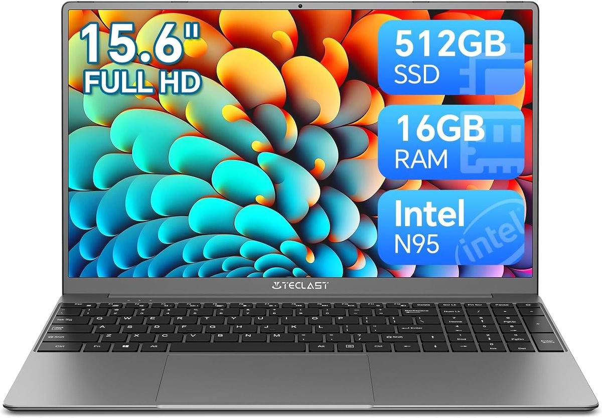 Teclast F16 Pro 15,6″ Laptop – Intel N95 – 16GB RAM – 512GB SSD – Windows 11 Pro – Lichtgewicht Ultrabook – Ideaal voor Studenten & Thuiswerk