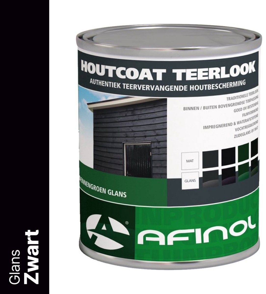 Afinol Houtcoat Teerlook Glans Zwart 750 ml - Bescherming tegen weersinvloeden - UV bestendig - Niet kleverig - Dekkende Hout Beits - In Mat of Glans - In Zwart, Antraciet en Groen