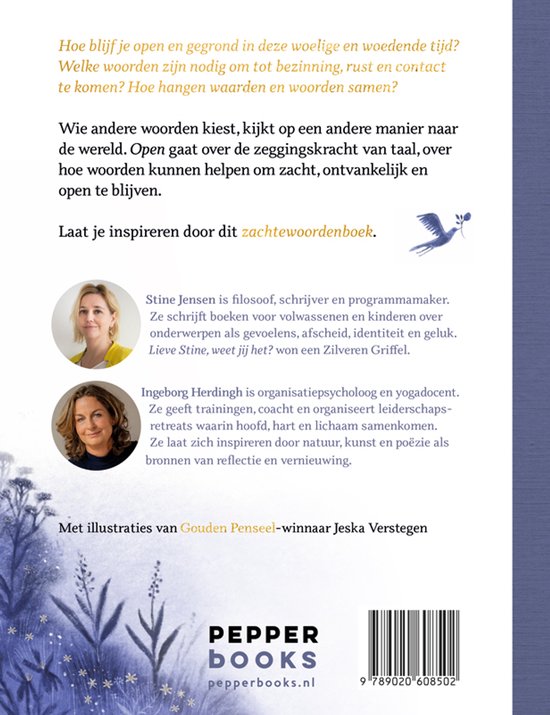 Achterkant boek met tekst over Stine Jensen en Ingeborg Herdingh, met illustraties van Jeska Verstegen.