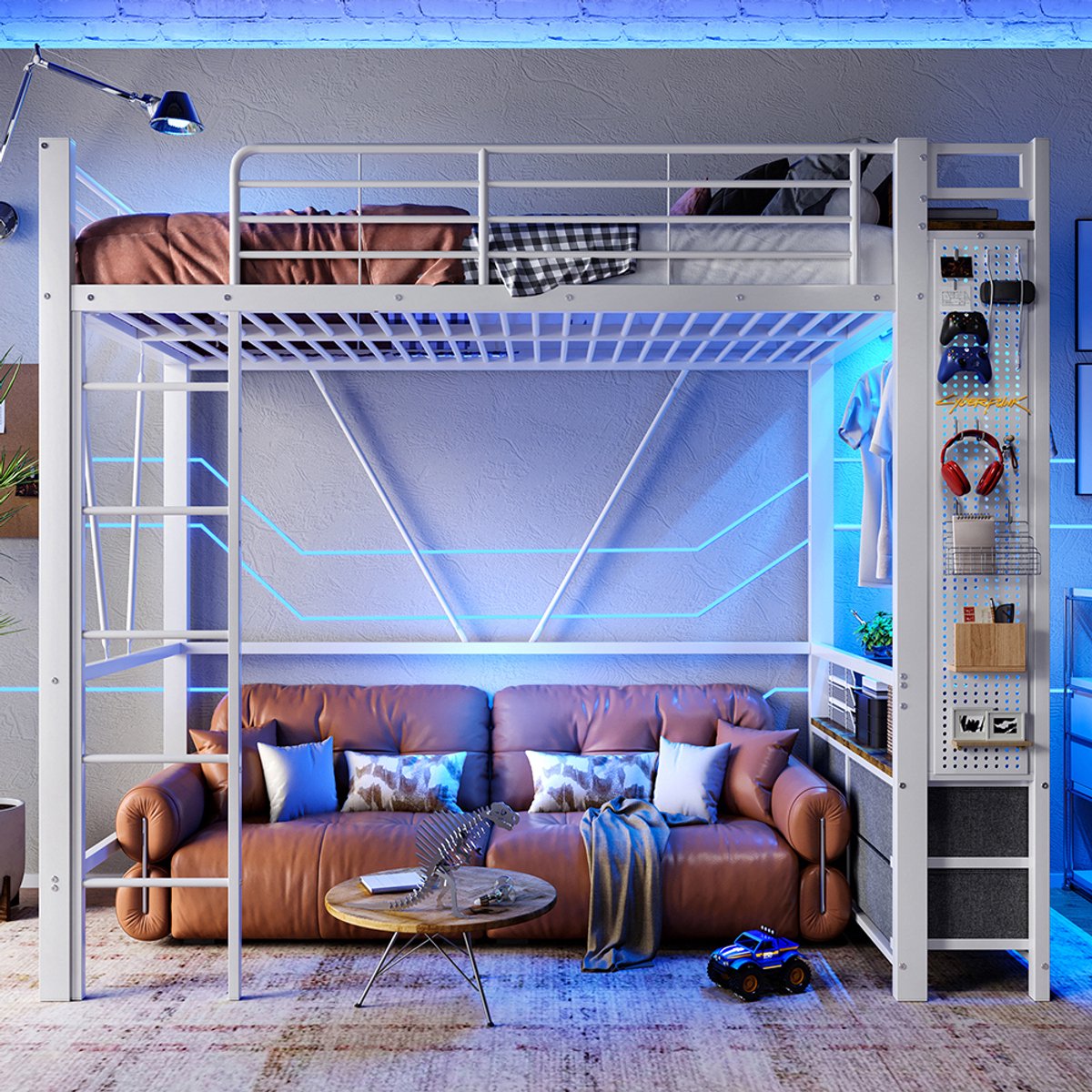 KOMHTOM Hoogslaper, 90 x 200 cm, ijzeren frame, met droogrek, met planken, 4 lades, met USB+TYPE-C-aansluiting, ledstrip, veiligheidshek, ladder, met plank met gaten, zonder matras, wit