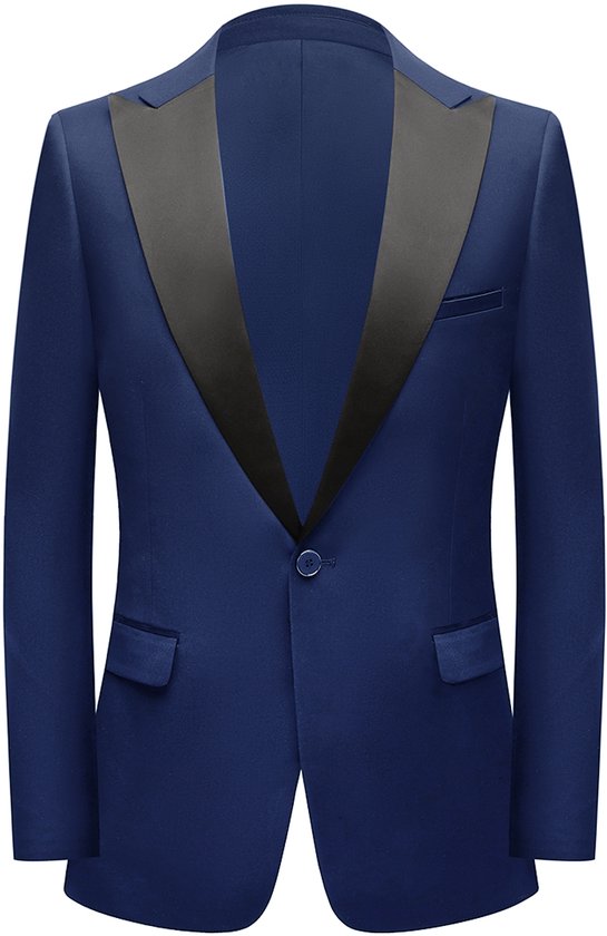 Donkerblauw colbert met zwarte revers en één knoop sluiting.