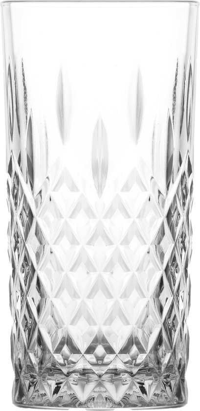 Un grand verre transparent avec un motif en diamant et des lignes verticales.