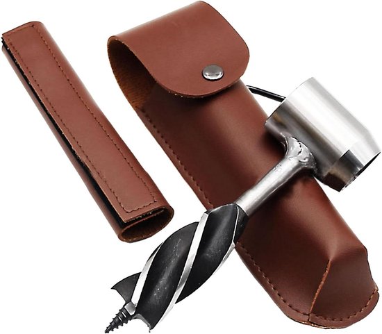 Foto: Allecto plus handboor voor bushcraft en camping met leren hoes