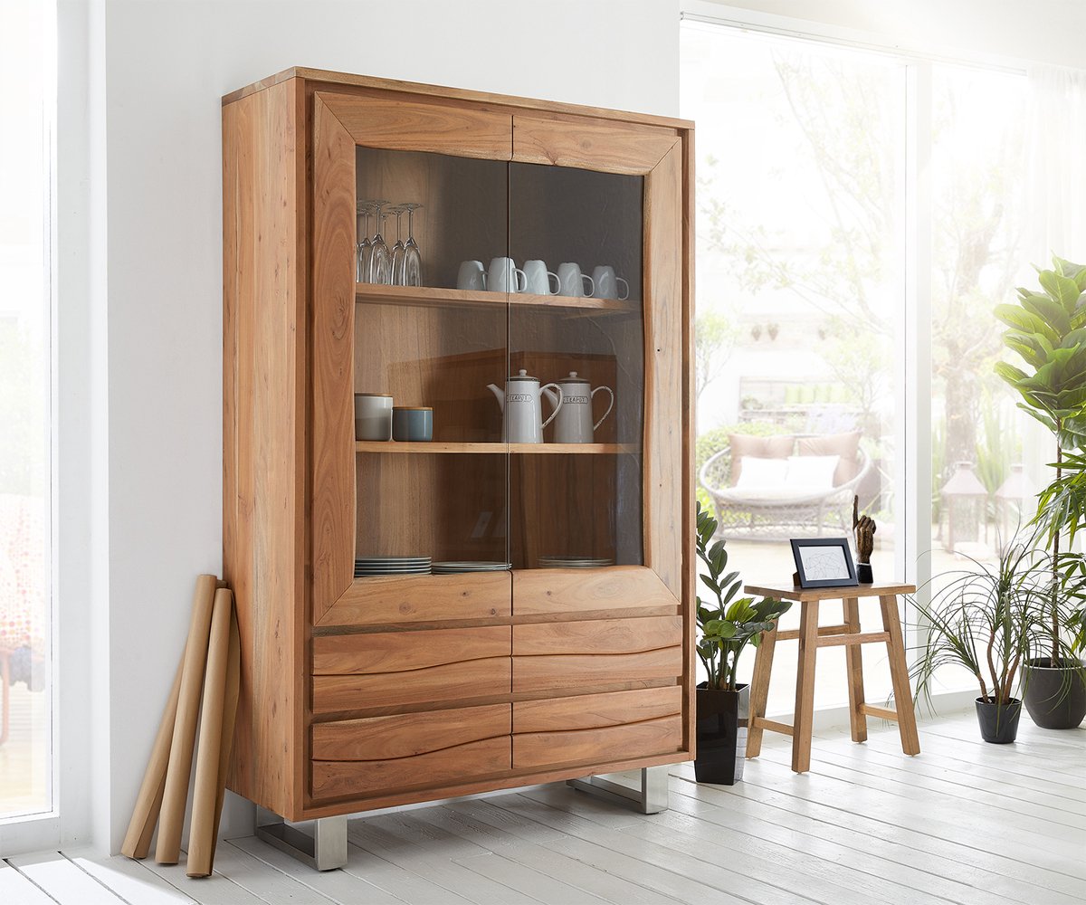 Vitrinekast Live Edge acacia natuur 120x190 cm 2 deuren 4 Lades rechte rand