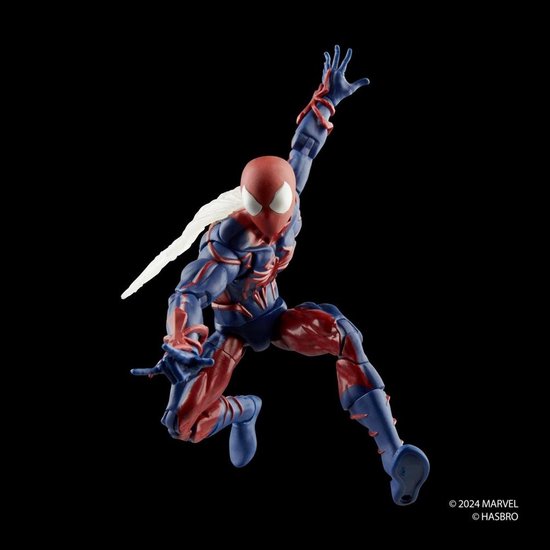 Actiefiguur van Spider-Man Unlimited in rood en blauw met witte staart, in een dynamische pose.
