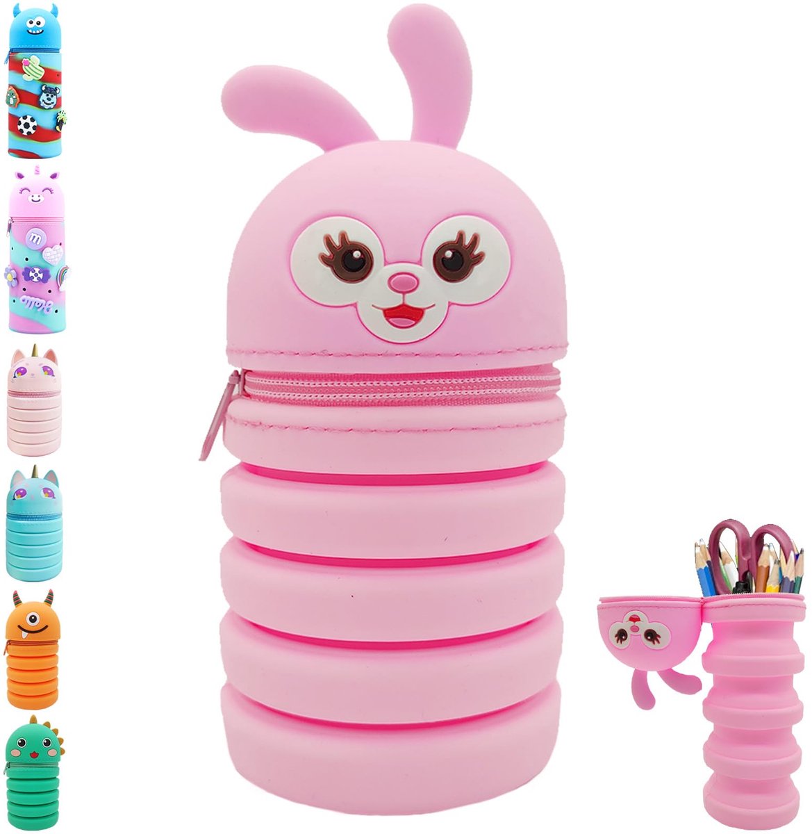 2-in-1 Kawaii Konijn Etui & Pennenhouder - Uitschuifbaar Siliconen - Voor Meisjes & Tieners
