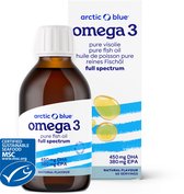 Fles en verpakking van Arctic Blue Omega 3 pure visolie, full spectrum, met MSC-certificering.