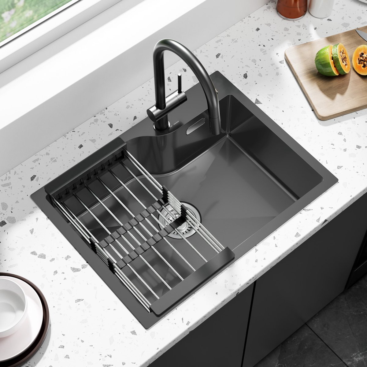 Anycee MAX Spoelbak Keuken 60x45CM - Spoelbakken met Afdruiprek - Enkele spoelbak - Incl. Sifon en Afvoerzeefje - Antraciet