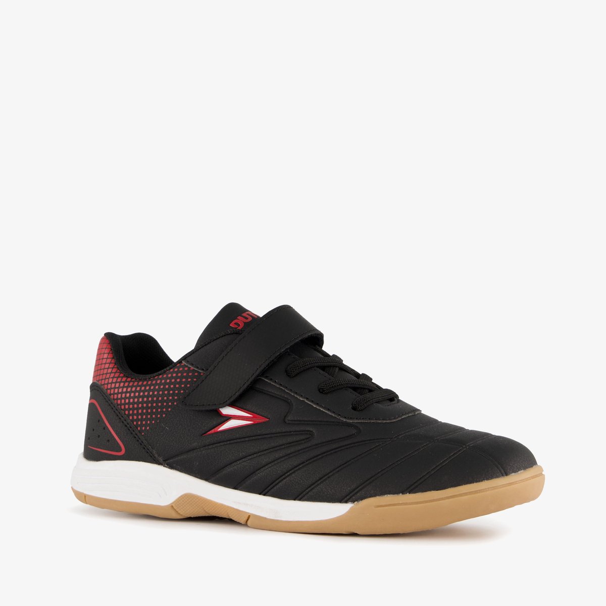 Zwarte zaalvoetbalschoenen met rode details, imitatieleer, textielen binnenwerk en rubberen non-marking zool, maat 26.