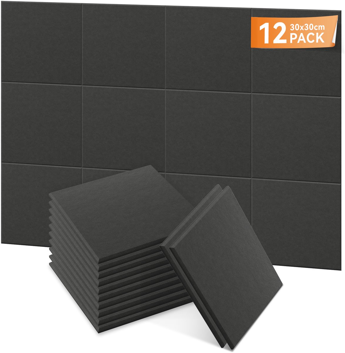 Aufun Plat vierkant Akoestische Panelen, Zelfklevende Wandbekleding (Zwart, 12 Strips)